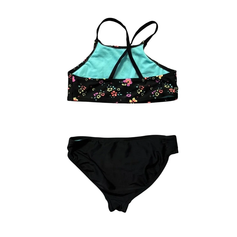 Wonder Nation Girls Black Floral High Neck Two Piece‎ Bikini Swimsuit Size M 7-8